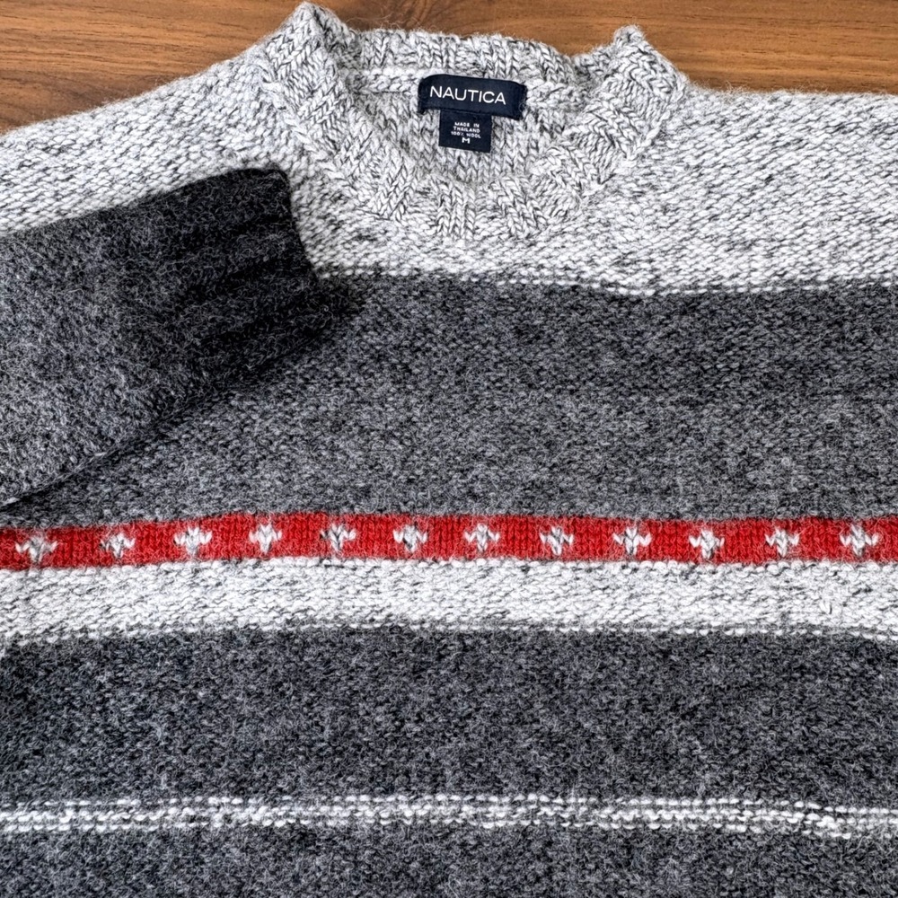 Nautica Vintage 90s Sweater Mens M Gray Wool Striped Pullover Chunky Knit Preppy